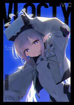 Rule 34 | 1girl, 3hino, adjusting goggles, black gloves, black halo, blue archive, bodysuit, breasts, chromatic aberration, commentary, cover, covered navel, earclip, fake magazine cover, gloves, goggles, goggles on head, halo, head-mounted display, highres, himari (armed) (blue archive), himari (blue archive), jacket, long hair, looking at viewer, magazine cover, multicolored halo, official alternate costume, pointy ears, purple eyes, small breasts, smile, solo, symbol-only commentary, two-tone halo, upper body, white bodysuit, white hair, white halo