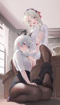 2girls :d absurdres alternate_costume areola_slip black_horns black_pantyhose black_skirt blush bow breasts carlotta_(wuthering_waves) collared_shirt commentary curled_horns desk earrings embarrassed feet full_body grabbing_another&#039;s_breast grey_eyes groping guided_breast_grab guiding_hand hair_between_eyes hair_bow hair_ornament highres horns indoors jewelry large_breasts long_hair long_sleeves looking_at_viewer medium_hair multiple_girls no_shoes on_desk on_ground open_clothes open_mouth open_shirt pantyhose parted_bangs parted_lips pink_bow red_eyes rkin seiza shirt shirt_tucked_in sitting skirt skirt_around_one_ankle sleeves_rolled_up smile striped_bow thighs toes white_eyes white_hair white_shirt window wuthering_waves yuri zani_(wuthering_waves)