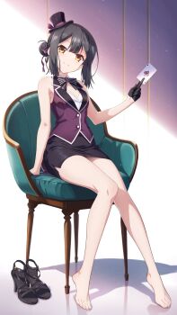 1girl barefoot black_hair card fate/kaleid_liner_prisma_illya fate_(series) feet hair_bun highres long_hair looking_at_viewer miyu_edelfelt netarrow playing_card sandals shoes sitting smile toes unworn_sandals unworn_shoes yellow_eyes
