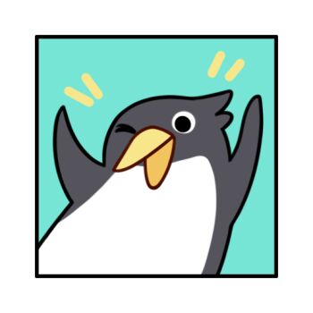 >_o animal_focus aqua_background arms_up bird border commentary english_commentary inset_border looking_at_viewer no_humans notice_lines official_art one_eye_closed penguin solo stella_sora white_border