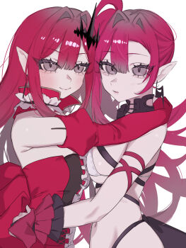 Rule 34 | 2girls, 590kogure590, baobhan sith (fate), baobhan sith (first ascension) (fate), baobhan sith (swimsuit pretender) (third ascension) (fate), bare shoulders, bikini, breasts, bridal gauntlets, center frills, cleavage, commentary, detached collar, detached sleeves, dress, dual persona, earrings, fate/grand order, fate (series), frills, grey eyes, highres, jewelry, large breasts, long hair, looking at viewer, multiple girls, pink hair, pointy ears, red dress, side ponytail, sidelocks, smile, swimsuit, symbol-only commentary, tiara, white bikini