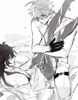 2boys anklet bite_mark bite_marks blush genshin_impact greyscale highres jewelry legs_on_shoulders monochrome mors_gn multiple_boys saliva saliva_trail tartaglia_(genshin_impact) thighhighs torn_clothes torn_legwear white_background yaoi zhongli_(genshin_impact)
