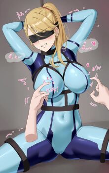1girl 1other absurdres amayo_thranana arms_up blindfold blonde_hair blue_bodysuit blush bodysuit bound bound_wrists breasts clenched_teeth covered_navel disembodied_hand hands_on_own_head high_ponytail highres large_breasts long_hair metroid mole mole_under_mouth multicolored_bodysuit nintendo nipple_stimulation paid_reward_available ponytail rope samus_aran shibari shibari_over_clothes sitting spread_legs teeth tickling trembling two-tone_bodysuit zero_suit