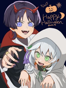 1boy 1girl alternate_costume amhr_46 ascot asymmetrical_sidelocks black_background black_cloak blunt_ends blush bridal_gauntlets choppy_bangs claw_pose cloak collared_cloak collared_shirt commentary_request crescent_moon cross-shaped_pupils demon_costume drawstring eyelashes eyeliner fake_horns fangs gem genshin_impact ghost_costume gold_ring green_gem green_pupils grey_bridal_gauntlets grey_hair grey_shirt hair_ornament hairband halloween_costume hands_up happy_halloween highres horn_hairband horns leaf leaf_hair_ornament looking_at_viewer makeup medium_hair middle_ring moon mystical_high_collar nahida_(genshin_impact) open_hands open_mouth parted_bangs pointy_ears pumpkin_print purple_ascot purple_eyes purple_nails red_eyeliner red_hairband red_horns scaramouche_(genshin_impact) sheet_ghost shirt sidelocks spider_web_print symbol-shaped_pupils teeth tongue turtleneck turtleneck_shirt twitter_username undershirt v-shaped_eyebrows white_hair white_shirt white_sleeves wing_collar wing_print