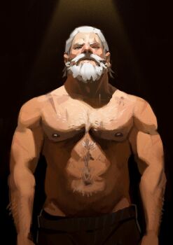 Rule 34 | 1boy, abs, absurdres, arm hair, bara, beard, black pants, casty art, chest hair, collarbone, commentary, english commentary, facial hair, groin, hair slicked back, highres, looking at viewer, male focus, mature male, nipples, overwatch, pants, pectorals, reinhardt (overwatch), solo, spotlight, topless male, white hair