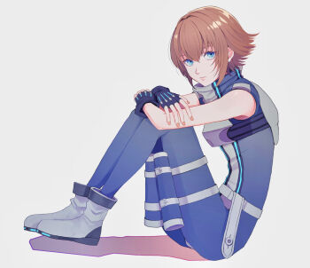 1girl black_gloves blue_bodysuit blue_eyes bodysuit boots brown_hair closed_mouth commentary_request dirge_of_cerberus:_final_fantasy_vii expressionless final_fantasy final_fantasy_vii fingerless_gloves gloves grey_boots hair_between_eyes highres hugging_own_legs looking_at_viewer nahogiisio orange_nails sheath shelke_the_transparent short_hair simple_background sitting sleeveless sleeveless_bodysuit solo turtleneck white_background