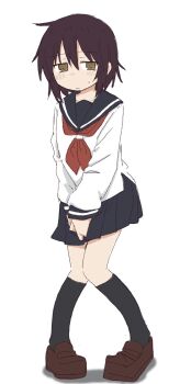 1girl between_legs black_socks blue_sailor_collar blue_skirt blush brown_eyes brown_hair brown_shoes closed_mouth female_focus flat_chest full_body hand_between_legs have_to_pee kneehighs knees_together_feet_apart kude_rei_(ponnu_(tnpn2yw)) long_sleeves looking_afar looking_to_the_side miniskirt necktie nose_blush original own_hands_together pigeon-toed pleated_skirt ponnu_(tnpn2yw) red_necktie sailor_collar shirt shoes short_hair sidelocks sideways_glance simple_background skirt socks solo standing sweat v_arms wavy_mouth white_background white_shirt