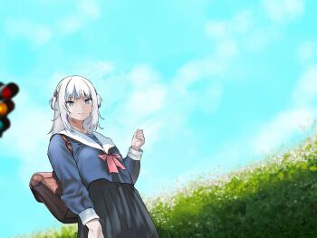 1girl backpack bag blue_eyes blue_hair cloud cowboy_shot female_focus flower gawr_gura hololive hololive_english long_sleeves medium_hair multicolored_hair outdoors school_uniform serafuku skirt sky solo source_request tagme traffic_light tsurime two_side_up white_hair yuugen04