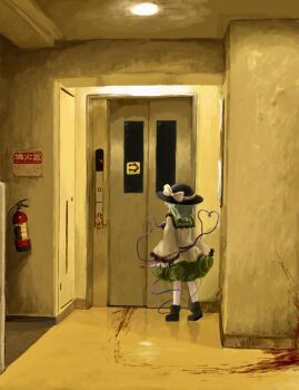 1girl black_hat black_shoes blood commentary_request contrast_collar elevator_door from_behind full_body green_hair hat hat_ribbon heripantomorrow highres indoors komeiji_koishi long_sleeves ribbon shirt shoes solo standing third_eye touhou wide_sleeves yellow_ribbon yellow_shirt