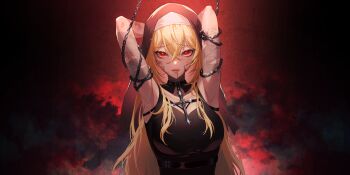 1girl absurdres armpits arms_behind_head arms_up belt black_dress blonde_hair blood blood_from_mouth blood_on_face bound bound_arms breasts bruise bruise_on_face chain coif cross cross_necklace cuts detached_collar dress hair_between_eyes highres injury jewelry jingburger korean_commentary large_breasts long_hair looking_at_viewer necklace nun parted_lips plant red_background red_eyes restrained rething sleeveless solo thorns torn_clothes upper_body veil very_long_hair vines virtual_youtuber waktaverse