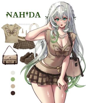 1girl aged_up alternate_breast_size_(larger) alternate_hair_length alternate_hairstyle animal_print bag breasts brown_bag brown_shirt brown_skirt butterfly_print character_name cleavage commentary earrings english_commentary fingernails genshin_impact gradient_hair green_nails hair_between_eyes hand_in_own_hair hand_on_own_thigh hand_up highres jewelry large_breasts leaning_forward lips long_fingernails long_hair miniskirt multicolored_hair nahida_(genshin_impact) nail_polish necklace parted_lips pleated_skirt she-a_(shiasstudy) shirt shoulder_bag simple_background skirt sleeveless sleeveless_shirt solo twitter_username very_long_hair white_background white_hair