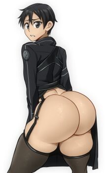 1boy ass black_eyes black_hair clothes detnox highres huge_ass kirito looking_back male_focus short_hair simple_background solo sword_art_online thighhighs white_background