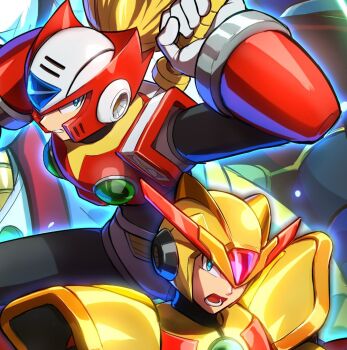 5boys android arm_cannon battle beard bit_(mega_man) blonde_hair byte_(mega_man) clenched_hand commentary_request dr._doppler_(mega_man) facial_hair green_eyes grin helmet hoshi_mikan long_hair male_focus mega_man_(series) mega_man_x3 mega_man_x_(series) multiple_boys open_mouth red_eyes serious smile third_armor_x_(mega_man) weapon white_hair x_(mega_man) z_saber zero_(mega_man)