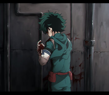 1boy alley belt belt_pouch blood blood_on_clothes blood_on_face blood_on_gloves blood_on_hands blood_on_wall blurry bodysuit boku_no_hero_academia cel_shading chromatic_aberration curly_hair depth_of_field dirty dirty_clothes dirty_face floating_clothes freckles from_behind green_bodysuit green_hair green_mask hand_up head_down highres inawa_akito industrial_pipe letterboxed looking_at_hand male_focus midoriya_izuku outdoors pouch red_belt scratches short_hair sidelighting solo standing upper_body