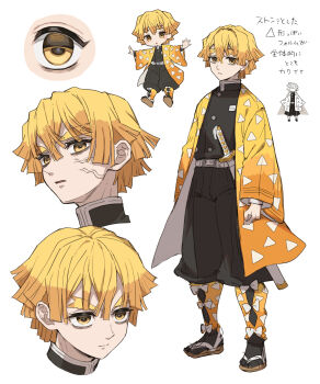 1boy absurdres agatsuma_zenitsu black_jacket black_pants blonde_hair chibi closed_mouth full_body haori high_collar highres jacket japanese_clothes katana kimetsu_no_yaiba male_focus multiple_views nerune_j pants parted_lips print_haori short_hair simple_background solo standing sword translation_request triangle_print veiny_face weapon white_background yellow_eyes yellow_haori