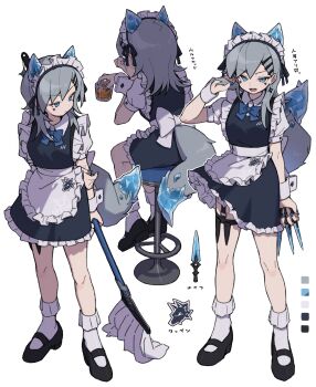 1girl absurdres animal_ears apron black_dress black_shoes blue_eyes blue_nails bobby_socks bow bowtie breasts collared_shirt color_guide cup dog_tail dress extra_ears facial_mark fang fenrir_(zizi_niisan) grey_hair hair_ornament hand_in_own_hair hand_on_own_arm high_heels highres holding holding_cup holding_knife holding_mop holster knife long_hair maid_headdress mop multiple_views open_mouth original puffy_short_sleeves puffy_sleeves shirt shoes short_sleeves simple_background sitting sleeveless sleeveless_dress slit_pupils small_breasts socks standing stool tail thigh_holster throwing_knife waist_apron weapon white_background white_socks wrist_cuffs zizi_niisan