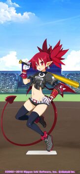 1girl 2018 anklet baseball_bat baseball_uniform black_thighhighs bracelet choker clothes_writing dated day demon_girl demon_tail demon_wings disgaea earrings elbow_pads etna_(disgaea) fang female_focus full_body gloves hand_on_own_hip harada_takehito highres holding holding_baseball_bat holding_bat jewelry long_hair looking_at_viewer lowleg lowleg_pants midriff navel non-web_source open_mouth outdoors pants pointy_ears red_eyes red_hair shirt short_shorts short_sleeves shorts skull_earrings solo sportswear tail thighhighs tied_shirt twintails wings