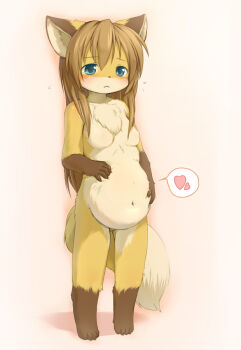 Rule 34 | 1girl, :<, animal ears, animal hands, barefoot, blue eyes, blush, breasts, female focus, fox, fox ears, fox tail, full body, furry, furry female, gradient background, heart, kagerofu, long hair, pregnant, small breasts, solo, standing, tail, tears