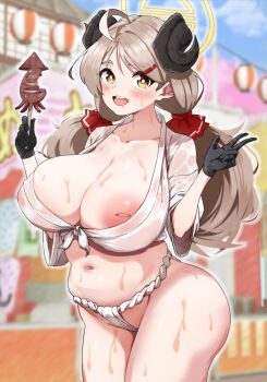 1girl absurdres ahoge ass blue_archive blush breasts brown_hair curled_horns drooling festival fon_(96nokimihito) fundoshi gloves hair_ornament hair_ribbon halo highres horns huge_ass huge_breasts ikayaki inverted_nipples izumi_(blue_archive) japanese_clothes large_areolae large_breasts light_brown_hair long_hair low_twintails nipple_slip nipples oiled plump ribbon shirt solo squid standing tied_shirt twintails wet wet_clothes yellow_eyes