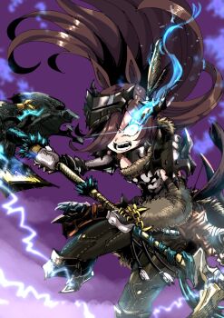 Rule 34 | 1girl, absurdres, angry, animal ears, armor, axe, battle axe, brown hair, commentary, commission, cosplay, energy, english commentary, feather hair ornament, feathers, final fantasy, final fantasy xiv, flaming eye, floating hair, fur-trimmed armor, fur trim, furious, gorget, greaves, haho, hair ornament, highres, holding, holding axe, horse ears, horse girl, horse tail, long hair, mittens, open mouth, pants, pauldrons, purple background, rice shower (umamusume), shoulder armor, solo, tail, umamusume, visor (armor), warrior (final fantasy), weapon