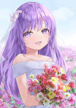 Rule 34 | 1girl, :d, absurdres, alternate costume, angel beats!, bare shoulders, blue sky, blush, bouquet, bridal veil, bride, commentary request, cosmos (flower), day, dress, eyelashes, field, flower, flower field, garden, hair flower, hair ornament, happy, heaven burns red, highres, holding, holding bouquet, irie miyuki, key (company), long hair, looking at viewer, off-shoulder dress, off shoulder, open mouth, outdoors, pink flower, purple eyes, purple hair, red flower, sky, smile, solo, tsumugi-t, upper body, veil, wedding dress, white dress, white flower, yellow flower