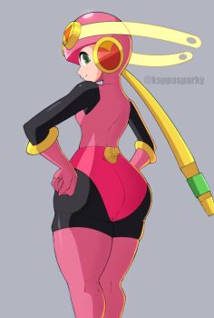 1girl artist_name ass bodysuit elbow_gloves gloves green_eyes grey_background hands_on_own_hips highres huge_ass kappa_spark looking_back mega_man_(series) mega_man_battle_network roll.exe_(mega_man) smile solo thick_thighs thighhighs thighs wide_hips