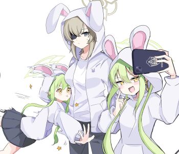 3girls almira_valkyrie alternate_costume animal_ears black_tail blue_archive demon_tail green_hair green_halo halo highres hikari_(blue_archive) iphone iphone_13 making_faces multiple_girls nozomi_(blue_archive) rabbit_ears selfie siblings simple_background sisters suou_(blue_archive) tail twins white_background