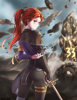 2girls absurdres ass clair_obscur:_expedition_33 curled_up fingerless_gloves gloves highres holding holding_sword holding_weapon looking_back maelle_(clair_obscur:_expedition_33) matsel_arts monolith_(object) multiple_girls numbered paintress_(clair_obscur:_expedition_33) ponytail rapier red_hair single_fingerless_glove sword weapon white_hair yellow_eyes