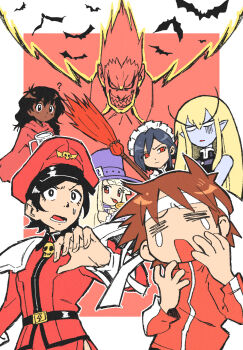 Rule 34 | akuma (street fighter), bat (animal), black hair, blonde hair, blue skin, broom, brown hair, capcom fighting jam, colored skin, crying, dark-skinned female, dark skin, darkstalkers, demitri maximoff, genderswap, genderswap (mtf), hat, headband, highres, ingrid (capcom), jacket, jedah dohma, jewelry, kasugano sakura, long hair, m. bison, maid, maid headdress, midnight bliss, necklace, red eyes, ryu (street fighter), shoulder pads, skull necklace, spdcooler, street fighter, sweatdrop, tank top, tongue, tongue out, track jacket, white hair, white headband