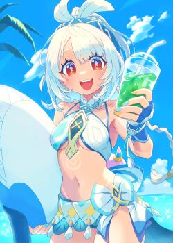 1girl :d applying_manicure bikini blue_bikini blue_eyes blue_hairband blue_nails blue_ribbon blue_sky braid breasts cloud cloudy_sky commentary_request cowboy_shot cup dark-skinned_female dark_skin fish-shaped_pupils genshin_impact gradient_eyes hair_ribbon hairband highres holding holding_cup long_hair looking_at_viewer medium_breasts midriff mochihuman mualani_(genshin_impact) multicolored_eyes nail_polish navel ocean open_mouth orange_eyes outdoors ribbon sky smile solo sparkle swimsuit tan tanline underboob upper_body white_hair yellow_nails