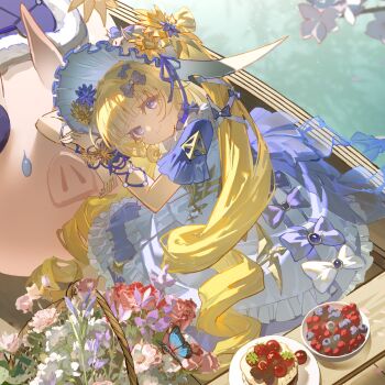 1girl alternate_costume arm_rest armband blonde_hair blue_armband blue_bow blue_dress blue_eyes blueberry blunt_bangs boat bouquet bow bug butterfly chinese_commentary commentary_request curly_hair dress dress_bow duet_night_abyss filbert_(duet_night_abyss) flower flower_basket food frilled_dress frills fruit guaisanmu hair_bow hat head_tilt highres insect long_dress long_hair looking_at_viewer lying on_boat smile solo strawberry truffle_(duet_night_abyss) twintails water watercraft white_hat