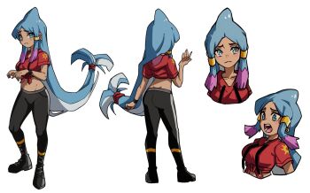 1girl black_pants black_shoes blue_eyes blue_hair blush_stickers breasts closed_mouth commentary english_commentary frown highres large_breasts long_hair looking_at_viewer multiple_views oninuer open_mouth original pants parted_bangs red_shirt shirt shoes short_sleeves simple_background tied_shirt white_background