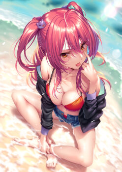 1girl :p akanbe beach bikini bikini_under_clothes breasts clothes_pull crossed_legs denim denim_shorts eyelid_pull finger_to_eye hair_ornament hairpin hanikami_kanojo highres hinoura_nanaka jacket jacket_partially_removed jacket_pull making_faces medium_breasts orange_eyes piromizu red_bikini red_hair short_shorts shorts sitting solo swimsuit tongue tongue_out twintails unzipped water wet