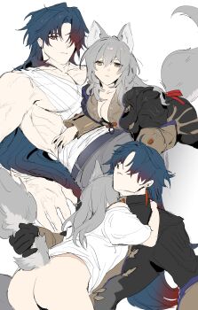 1boy 1girl absurdres alternate_costume animal_ears bandaged_chest black_hair blade_(honkai:_star_rail) bottomless breasts chinese_clothes cleavage couple dal-gi fox_ears fox_girl fox_tail hetero highres honkai:_star_rail honkai_(series) large_breasts long_hair orange_eyes short_hair simple_background stelle_(honkai:_star_rail) tail tail_pull trailblazer_(honkai:_star_rail) white_background