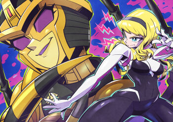 2girls animification beast_wars beast_wars:_transformers black_hairband blackarachnia blonde_hair blue_eyes bodysuit breasts crossover gwen_stacy hairband head_tilt hood hooded_bodysuit long_hair marvel mecha medium_breasts multiple_girls open_hands predacon purple_eyes purple_lips robot smile spider-gwen spider-man_(series) sunafuki_tabito superhero_costume trait_connection transformers v-shaped_eyebrows