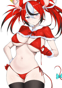 1girl animal_ears bikini black_hair black_thighhighs blue_eyes bow breasts commentary cowboy_shot gloves hakos_baelz highres hololive hololive_english large_breasts looking_at_viewer mouse_ears mouse_girl mouse_tail multicolored_hair navel red_bikini red_gloves red_hair sakiya_(sak1_01) santa_bikini santa_costume simple_background solo stomach streaked_hair swimsuit symbol-only_commentary tail tail_bow tail_ornament thighhighs twintails virtual_youtuber white_background white_hair