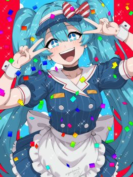 +_+ 1girl absurdres apron argonchann black_choker blue_eyes blue_hair blue_shirt blue_skirt blue_visor bow breasts choker collarbone commentary confetti cowboy_shot diagonal-striped_bow double-parted_bangs double_v frilled_apron frills hair_between_eyes hands_up hatsune_miku highres long_hair looking_at_viewer medium_breasts mesmerizer_(vocaloid) open_mouth puffy_short_sleeves puffy_sleeves red_bow shirt short_sleeves skirt smile solo striped_bow striped_clothes striped_shirt striped_skirt teeth twintails upper_teeth_only v variant_set vertical-striped_clothes vertical-striped_shirt vertical-striped_skirt very_long_hair visor_cap vocaloid waist_apron white_apron white_wrist_cuffs wrist_cuffs