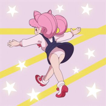 1girl ass bishoujo_senshi_sailor_moon black_skirt bow chibi_usa double_bun flashing from_behind hair_bun leaning_forward loli long_hair long_sleeves looking_at_viewer looking_back panties pink_background pink_hair red_bow red_eyes rommi school_uniform shirt shoes skirt smile socks star_(symbol) star_symbol_background suspender_skirt suspenders twintails underwear walking white_panties white_shirt white_shoes white_socks