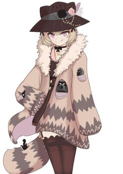 1girl absurdres black_choker blonde_hair brown_dress brown_hat brown_jacket brown_thighhighs choker closed_mouth commentary cowboy_shot dot_nose dress eyelashes fur-trimmed_jacket fur_trim hat highres jacket jewelry komachi_panko long_sleeves necklace omegans open_clothes open_jacket phase_connect pink_eyes red_panda_ears red_panda_girl red_panda_tail short_hair simple_background sleeves_past_fingers sleeves_past_wrists smile solo thighhighs virtual_youtuber white_background