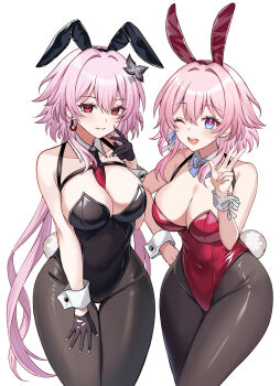 2girls animal_ears breasts commentary_request covered_navel detached_collar duplicate earrings evernight_(honkai:_star_rail) fake_animal_ears fake_tail flower gloves hair_between_eyes hair_flower hair_ornament hairclip harimoji highres honkai:_star_rail honkai_(series) jewelry large_breasts leotard long_hair march_7th_(honkai:_star_rail) march_7th_(preservation)_(honkai:_star_rail) medium_hair multicolored_eyes multiple_girls necktie one_eye_closed pantyhose parallel_hairclips pink_hair pixel-perfect_duplicate playboy_bunny rabbit_ears rabbit_tail red_eyes single_earring smile strap tail thigh_gap thighs two-tone_eyes v very_long_hair white_background wrist_cuffs