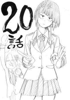 10s 1girl boku_no_hero_academia greyscale highres horikoshi_kouhei jiro_kyoka kaminari_denki long_sleeves md5_mismatch monochrome necktie pleated_skirt plug resized short_hair skirt solo_focus traditional_media v
