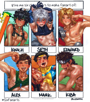 6+boys adam&#039;s_apple alex_(stardew_valley) animal_ears armpit_hair armpits arms_up artist_name automail black_eyes black_hair blonde_hair blood blood_on_chest blood_on_face bludwing blush bodysuit border brown_hair cat_boy cat_ears character_name chest_strap clothes_lift collarbone commentary crossover curtained_hair dark-skinned_male dark_skin edward_elric embarrassed english_commentary english_text facial_mark flexing forehead_protector fullmetal_alchemist genshin_impact green_eyes green_headband green_tank_top grey_hair hair_between_eyes hashtag headband highres inuzuka_kiba invincible_(series) jaw_drop jewelry kinich_(genshin_impact) konohagakure_shinobi_uniform leg_hair lipstick_mark lipstick_mark_on_arm lipstick_mark_on_face lipstick_mark_on_stomach long_hair looking_at_viewer looking_to_the_side male_focus male_pubic_hair mark_grayson multiple_boys multiple_crossover multiple_drawing_challenge naruto_(series) necklace nipples nude one_eye_closed open_mouth outside_border pectorals pubic_hair saliva scar scar_on_chest seth_lowell shirt_lift short_hair six_fanarts_challenge stardew_valley superhero_costume sweat tank_top teeth tongue tongue_out too_many_lipstick_marks upper_body upper_teeth_only white_border yellow_eyes zenless_zone_zero