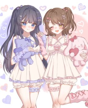 2girls alternate_hairstyle arm_warmers black_hair blue_arm_warmers blue_eyes blush bow breasts brown_eyes brown_hair closed_mouth frilled_thigh_strap hair_bow hair_ornament hashtag-only_commentary heart highres holding holding_hands holding_stuffed_toy idolmaster idolmaster_million_live! kasuga_mirai leg_up long_hair looking_at_viewer mogami_shizuka multiple_girls one_eye_closed one_side_up open_mouth pajamas pink_arm_warmers side-by-side smile st_x_xe standing standing_on_one_leg stuffed_animal stuffed_cat stuffed_rabbit stuffed_toy thigh_strap x_hair_ornament