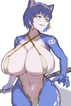 1girl absurdres blue_hair breasts cleavage curvy furry green_eyes grin highres huge_breasts krystal legs navel nintendo short_hair slingshot_swimsuit smile solo star_fox swimsuit thick_thighs thighs toned weapon wide_hips