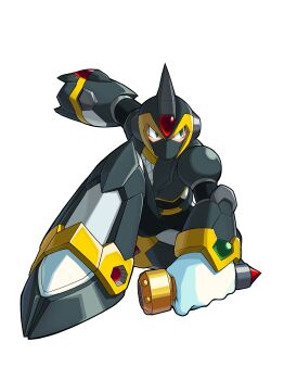 1boy absurdres armor black_armor black_helm black_helmet blade_arm duster energy_sword feather_duster forehead_jewel green_eyes grey_armor grey_helmet helmet highres holding_tool kuji-in male_focus mask mega_man_(series) mega_man_x6 mega_man_x_(series) mouth_mask ninja ninja_mask on_ceiling samatsida sensei_haruki_suetsugu_(style) shadow_armor_x_(mega_man) solo solo_focus standing standing_on_one_leg sword weapon x_(mega_man) z_saber