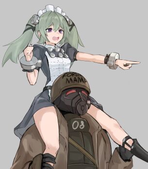 1boy 1girl absurdres apron armor arms_around_neck black_dress carrying carrying_person corin_wickes dress fallout fallout:_new_vegas gas_mask green_hair hair_between_eyes helmet highres holding long_hair looking_at_viewer maid maid_headdress mask ncr_veteran_ranger open_mouth piggyback piranha_(piranha_arts) puffy_sleeves purple_eyes screw_hair_ornament short_sleeves twintails weapon zenless_zone_zero
