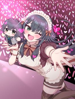 2girls absurdres alternate_costume apron beckoning brown_dress brown_ribbon brown_thighhighs chibi chibigurumi commentary_request commission dress dual_persona enmaided foreshortening gakuen_idolmaster glowstick green_eyes green_hair happy_mille-feuille_(idolmaster) heart highres idolmaster looking_at_viewer maid maid_apron maid_headdress multiple_girls nagi_kai neck_ribbon official_alternate_costume penlight_(glowstick) puffy_short_sleeves puffy_sleeves ribbon short_sleeves skeb_commission standing_on_another&#039;s_hand thighhighs tsukimura_temari white_apron wrist_cuffs