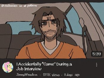 1boy aetheria black_eyes blue_sky brown_hair car_interior expressionless facial_hair facing_viewer fake_screenshot fake_video highres jimmy_(mouthwashing) looking_at_viewer mouthwashing orange_sweater shirt sky solo stubble sweater user_interface watermark white_shirt