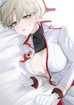 Rule 34 | 1girl, absurdres, bed sheet, black shirt, blue archive, blush, breasts, clothes lift, commentary request, dantyou2525, gloves, halo, highres, jacket, large breasts, light brown hair, looking at viewer, lying, marina (blue archive), on side, open clothes, open jacket, shirt, shirt lift, short hair, solo, sweat, upper body, white gloves, white jacket