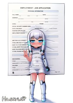 1girl :| annoyed arm_at_side artist_name boots child closed_mouth cosplay cyborg dot_nose embarrassed eyelashes female_focus full_body hand_up hassylep knee_boots meme original short_hair_with_long_locks sidelocks simple_background solo standing v white_background white_boots white_hair